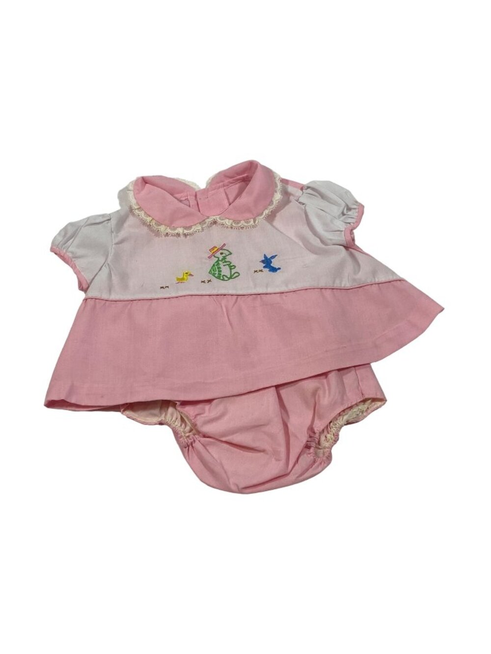 3 mth Pink White Dress Diaper Cover Girl Baby Embroidered Turtle Bunny Chick vtg